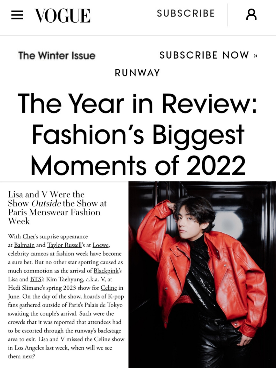 방탄소년단 뷔가 美패션지 ‘보그(Vogue)’의 ‘2022년 최고의(Biggest) 패션 모멘트’ 중 하나로 선정!